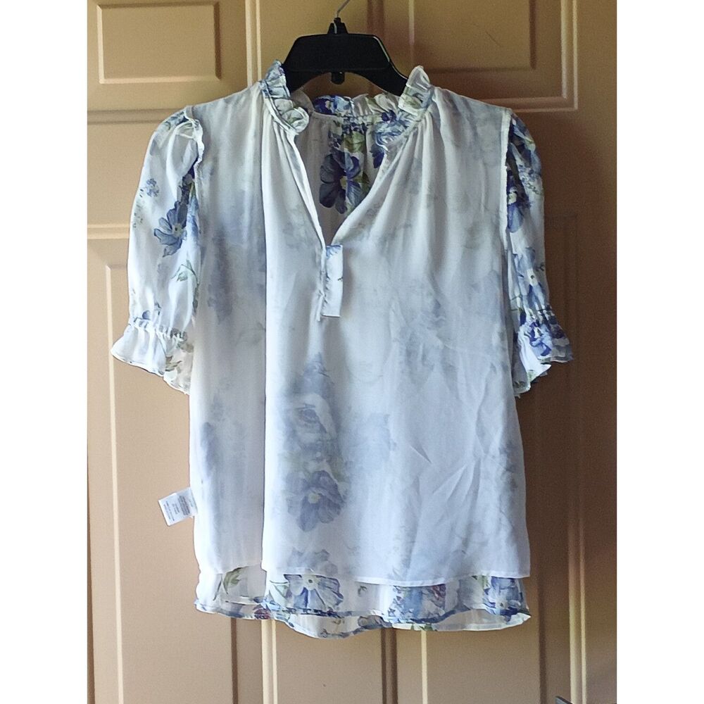 Maison d'Amélie Blue & Off-White Floral Sheer Ruffled Blouse with Cami NWT XS - Picture 3 of 5